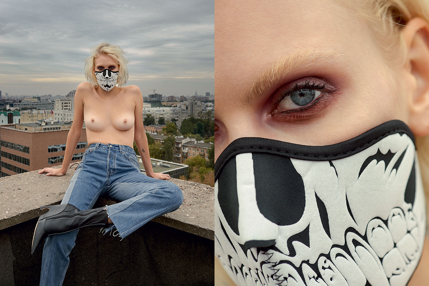 Джинсы Vetements, полусапоги Dior, байкерская маска из магазина Rock Bunker