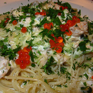 Рецепт Спагетти с лососем и брокколи в сливочном соусе