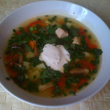 Рецепт Куриный суп с грибами, красным перцем и кукурузой